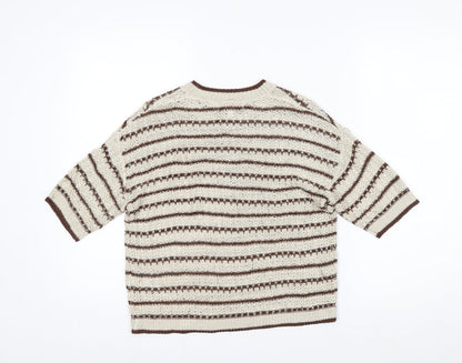 Marks and Spencer Per Una Women's Beige Striped 3/4 Sleeve Knit Jumper M
