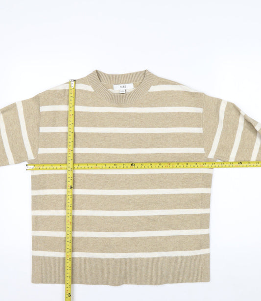 Marks and Spencer Men's Beige Striped Crew Neck Jumper Size M