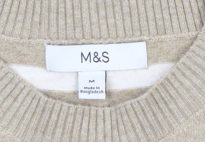 Marks and Spencer Men's Beige Striped Crew Neck Jumper Size M