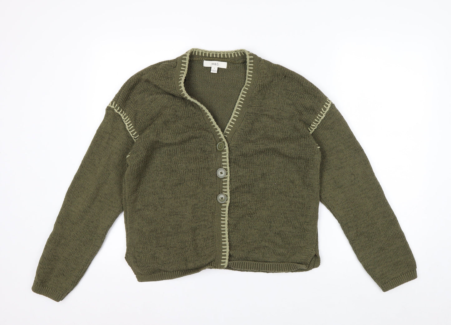 Marks and Spencer Women Khaki Green Medium Cotton Blend V-Neck Cardigan