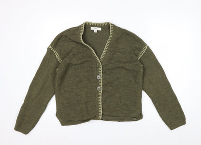 Marks and Spencer Women Khaki Green Medium Cotton Blend V-Neck Cardigan