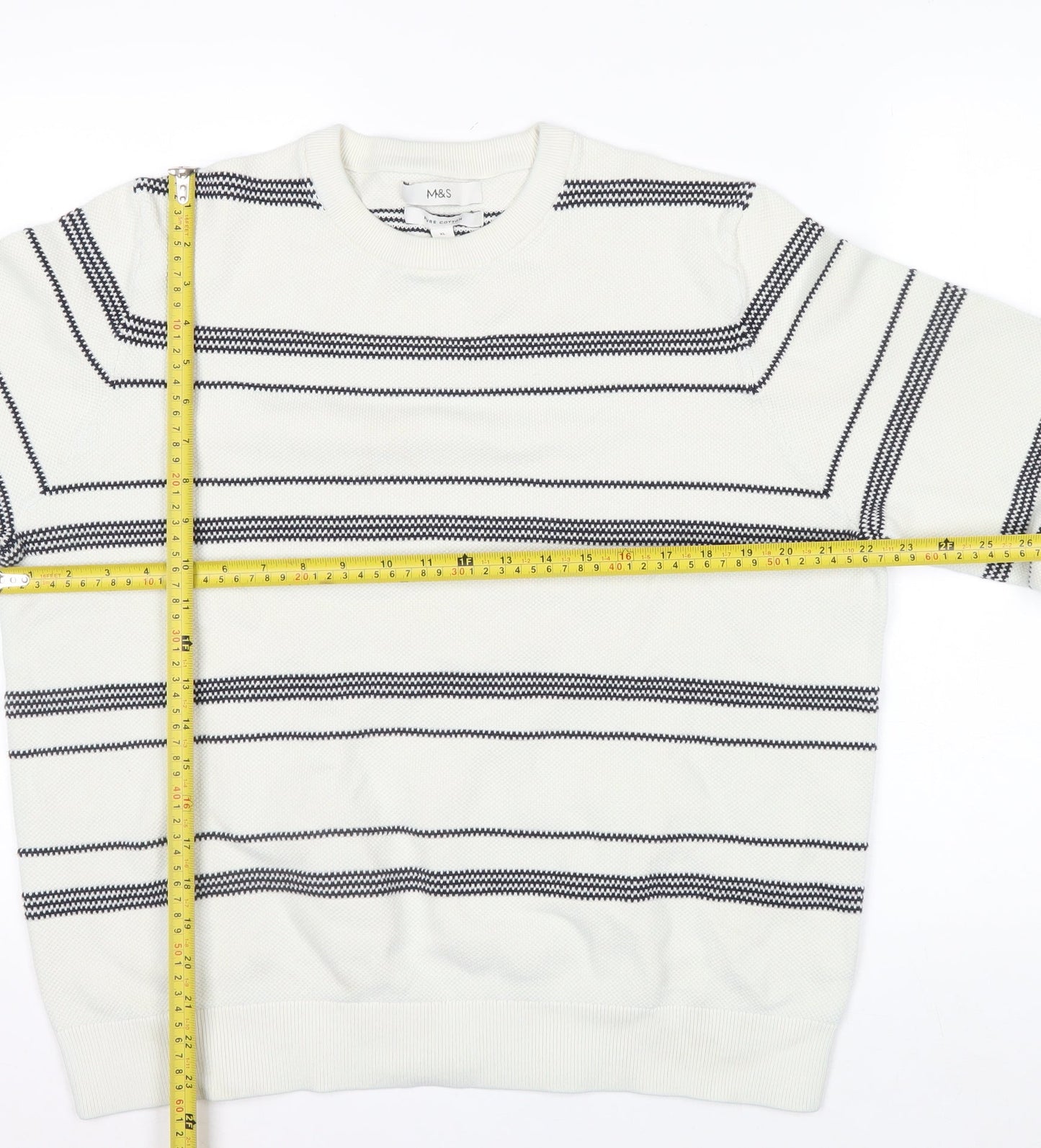 Marks and Spencer Men's White Striped Cotton Crew Neck Jumper XL