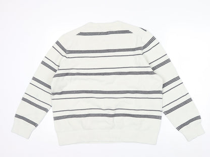 Marks and Spencer Men's White Striped Cotton Crew Neck Jumper XL