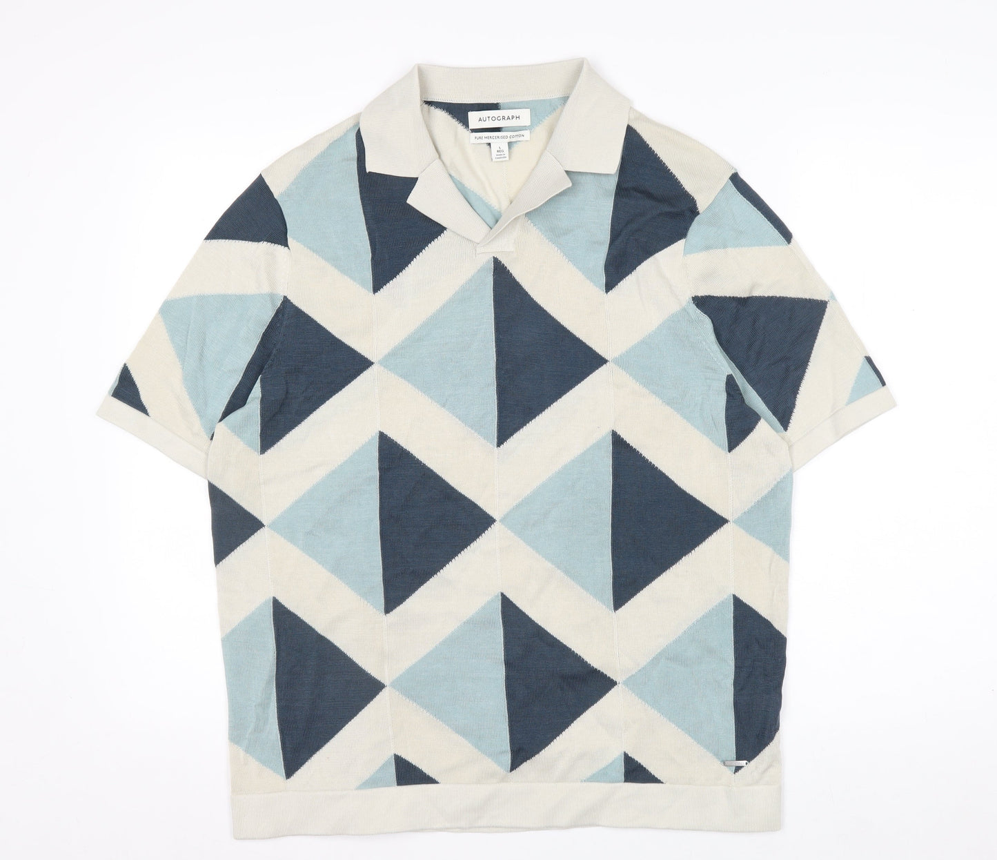 Marks and Spencer Autograph Men's Blue Geometric Cotton Polo L