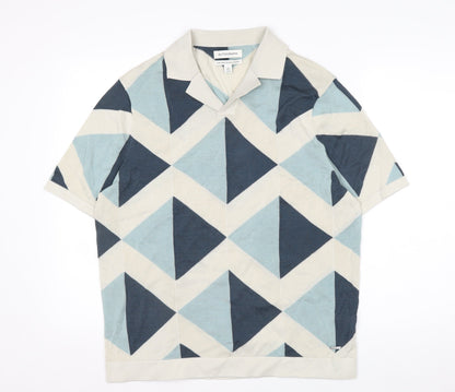Marks and Spencer Autograph Men's Blue Geometric Cotton Polo L