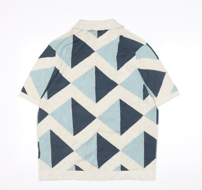 Marks and Spencer Autograph Men's Blue Geometric Cotton Polo L