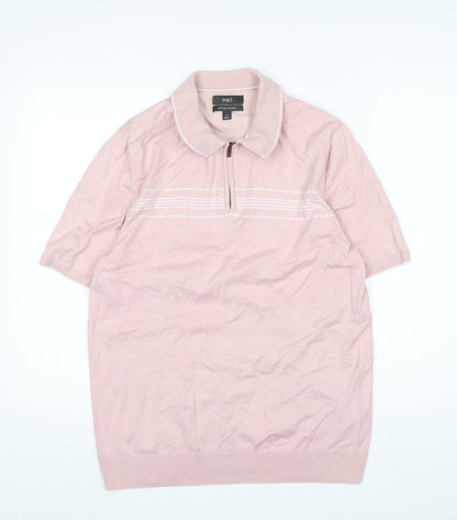 Marks and Spencer Men's Pink Cotton Blend 1/4 Zip Polo M