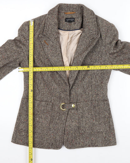 Topshop Women Brown Tweed Wool Blend Blazer UK 8 Classic Single-Breasted Jacket