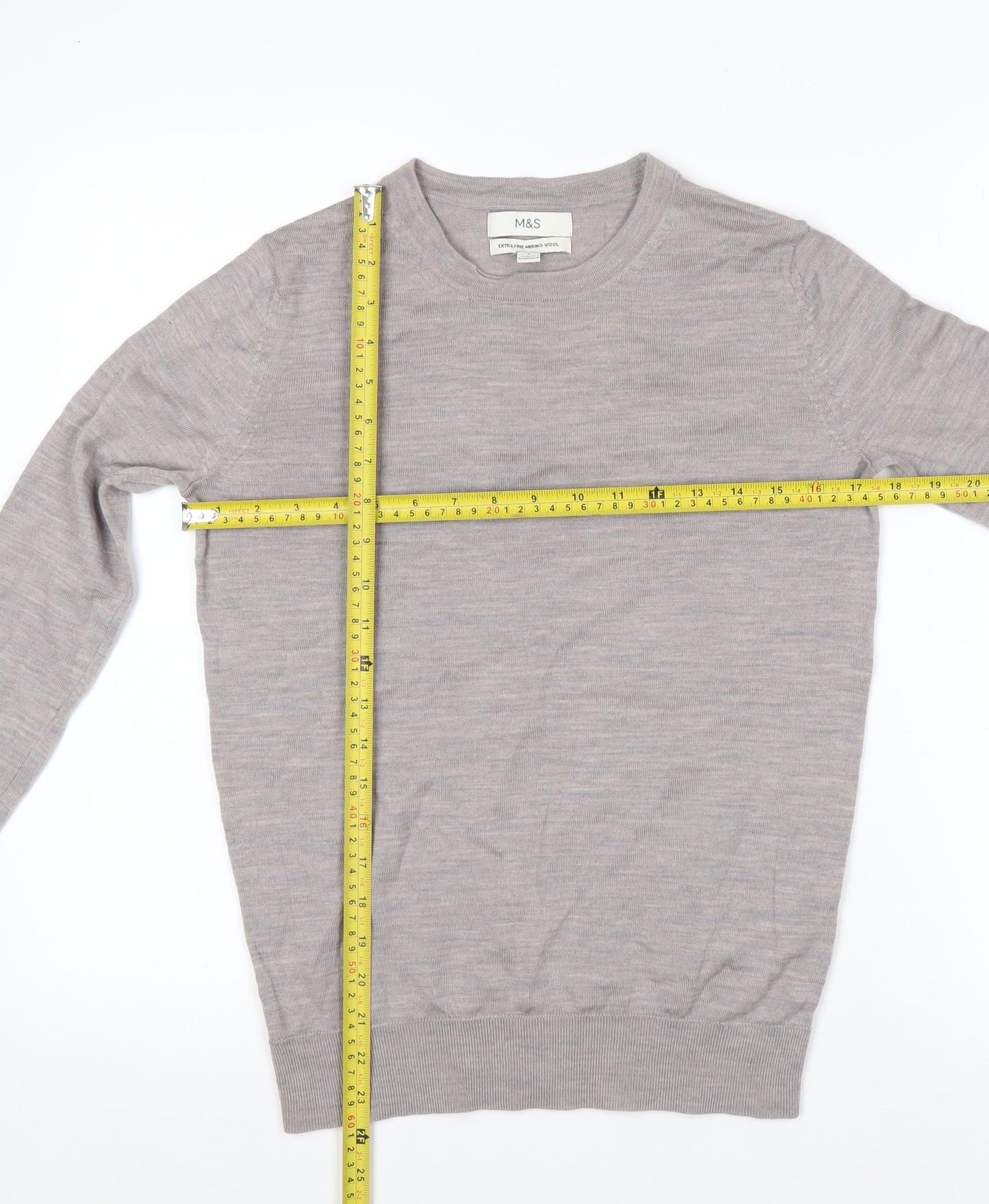 Marks and Spencer Mens Beige Merino Wool Crew Neck Jumper M