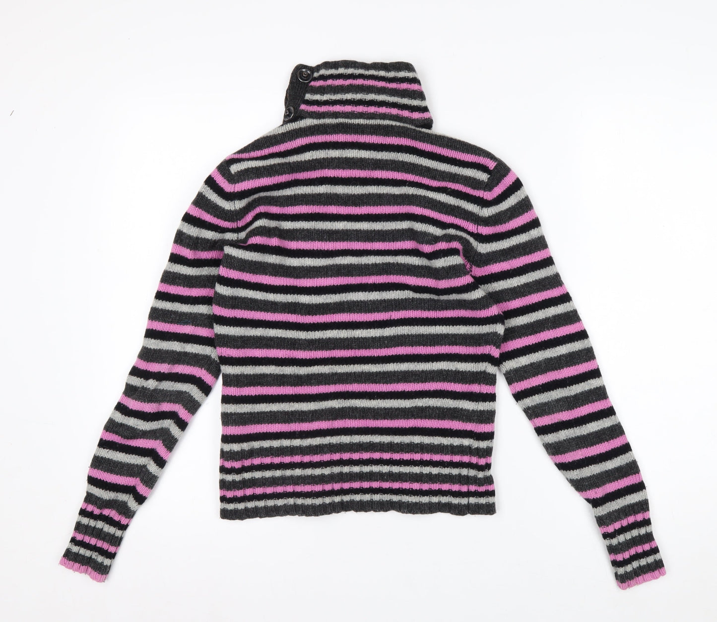 Mexx Women's Grey Pink Striped Roll Neck Wool Blend Jumper Size S