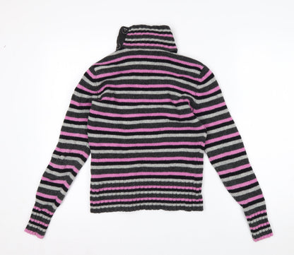 Mexx Women's Grey Pink Striped Roll Neck Wool Blend Jumper Size S
