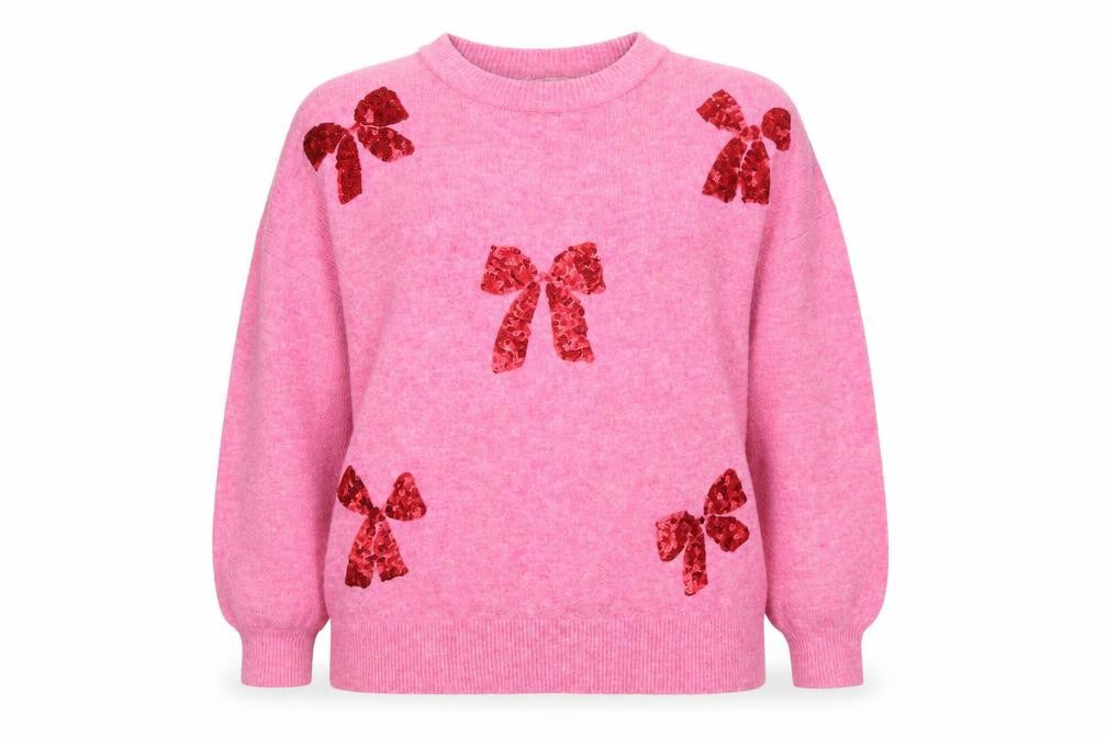 Tu Womens Pink Sequin Bow Knit Jumper Size 18 Crew Neck Pullover