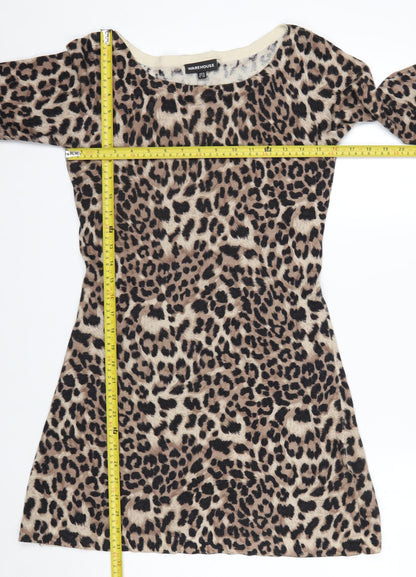 Warehouse Women Brown Leopard Print Long Sleeve Shift Dress UK 10