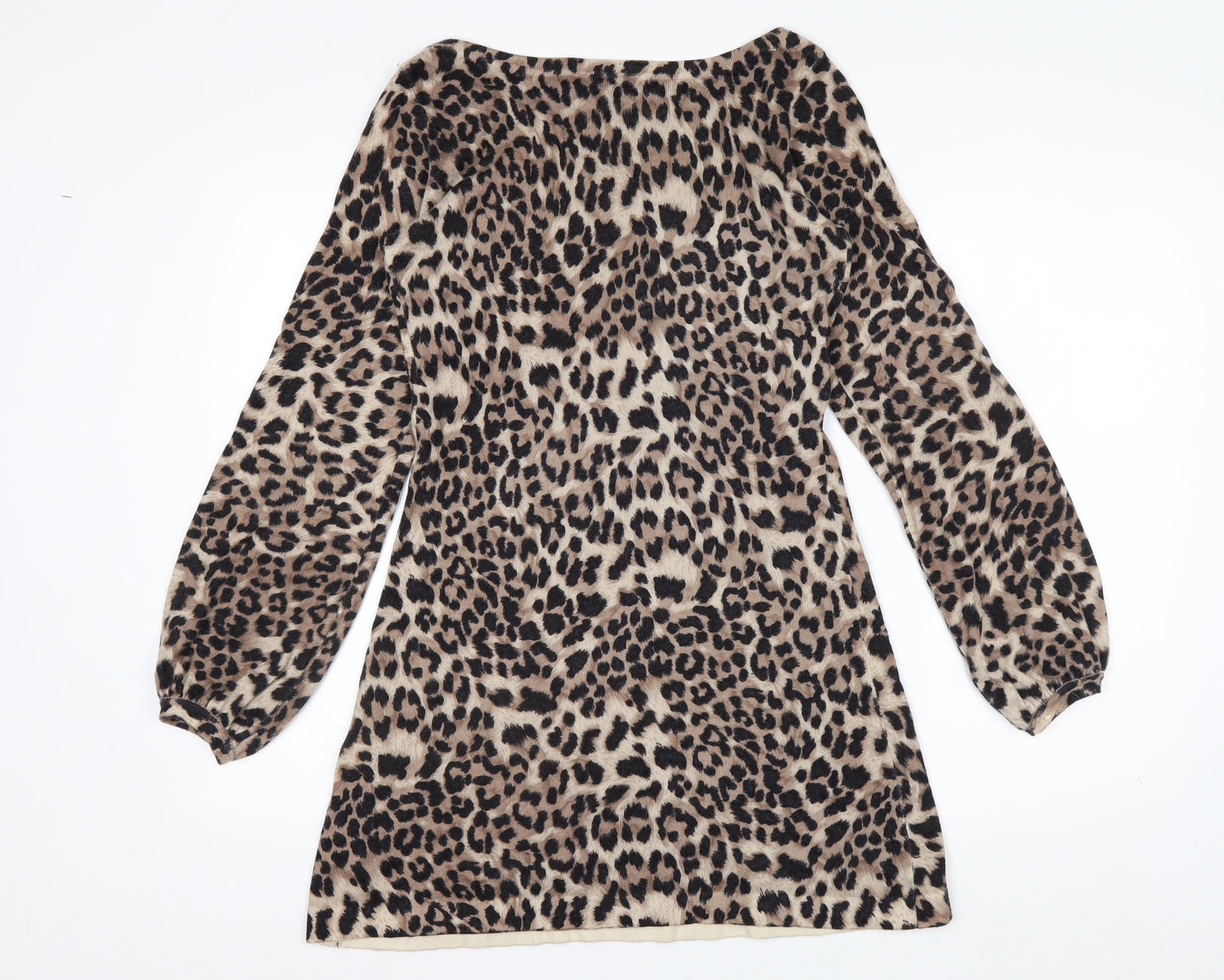 Warehouse Women Brown Leopard Print Long Sleeve Shift Dress UK 10