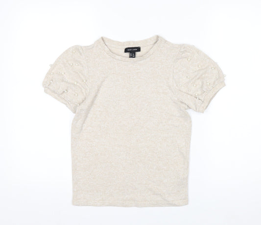 New Look Women’s Beige Beaded Puff Sleeve T-Shirt Size 6