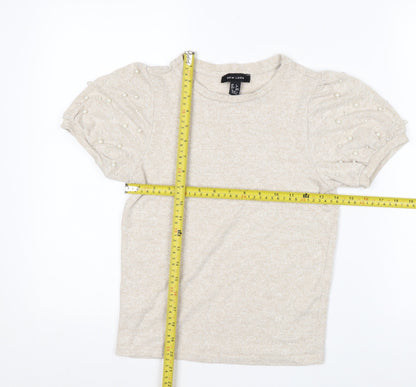 New Look Women’s Beige Beaded Puff Sleeve T-Shirt Size 6