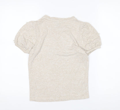 New Look Women’s Beige Beaded Puff Sleeve T-Shirt Size 6