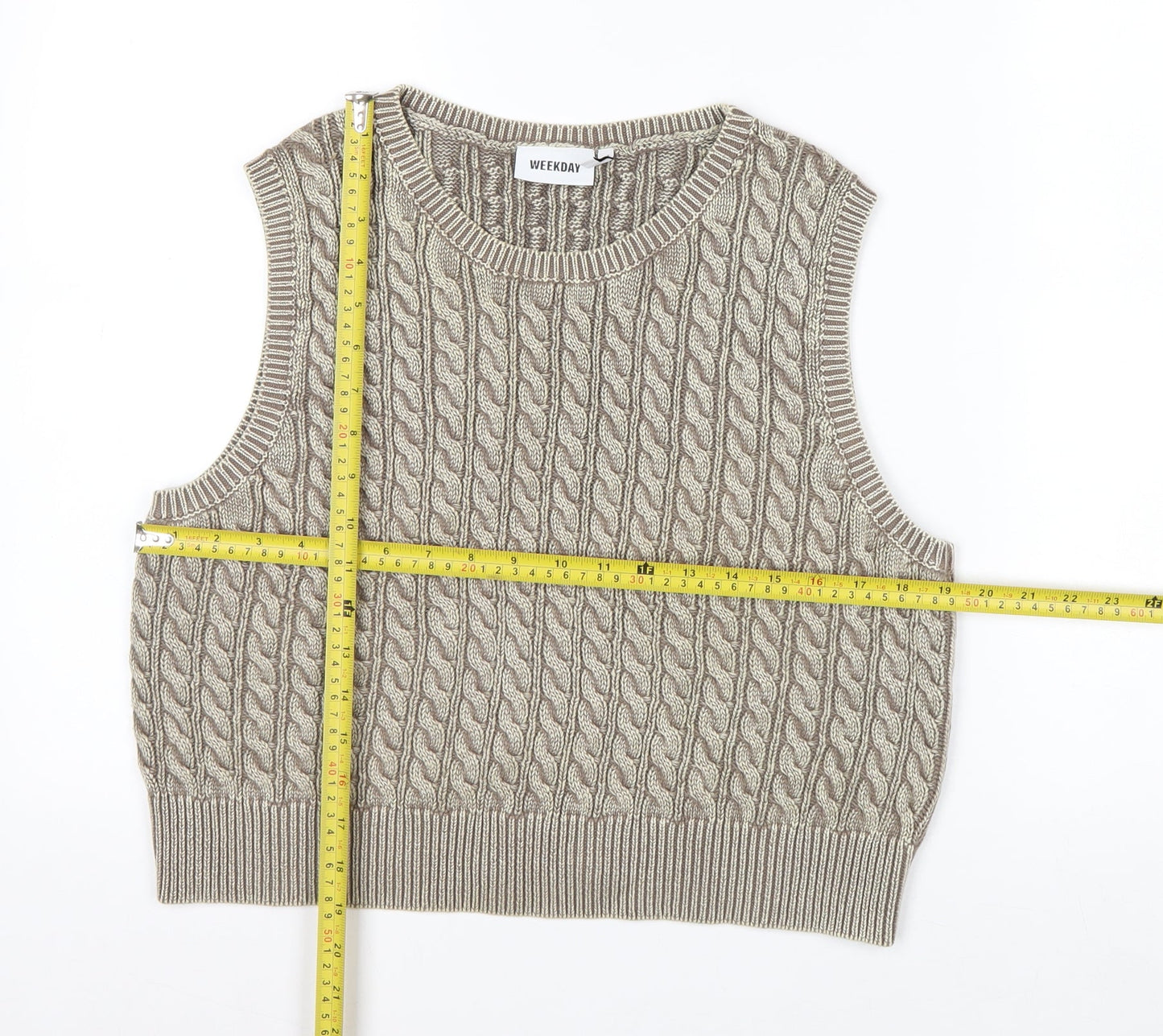 Weekday Women’s Beige Cable Knit Cropped Cotton Sleeveless Tank Top M