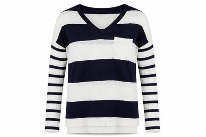 Gap Women’s Blue & White Striped V-Neck Cotton Jumper Size S