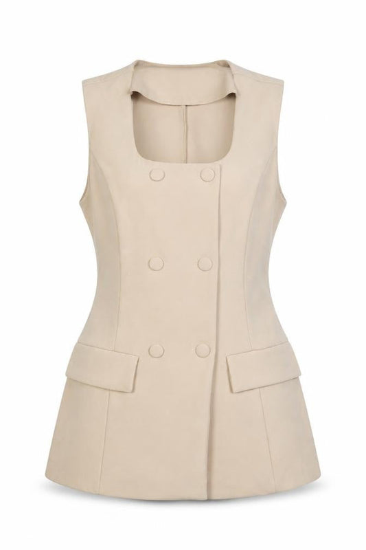 VILA Women Beige Sleeveless Double-Breasted Waistcoat Size 12