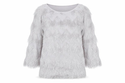 B.YOU Women’s Grey Faux Fur Trim 3/4 Sleeve Blouse Size 12