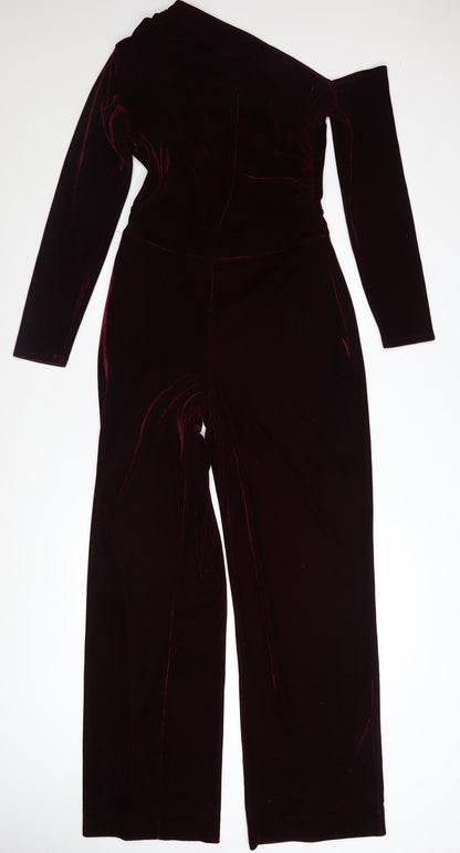 Reiss Womens Burgundy Velvet One Shoulder Jumpsuit UK 10