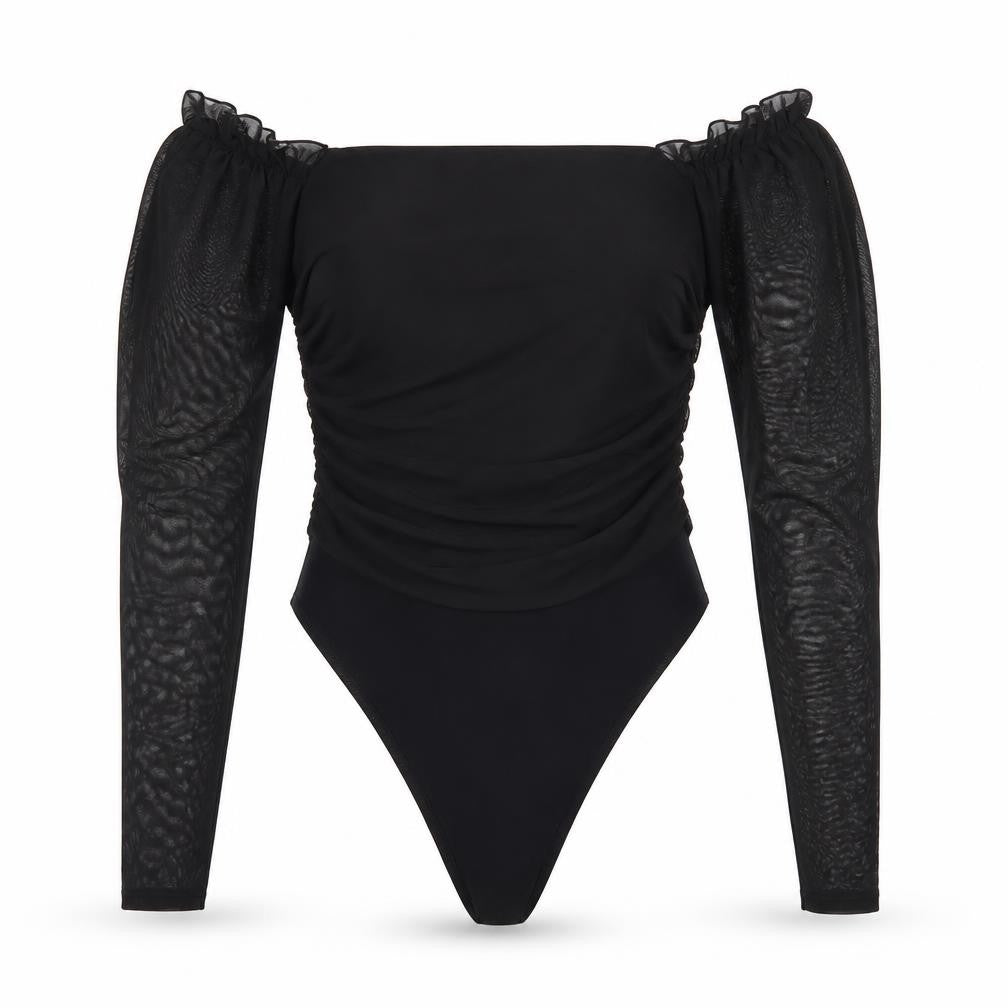 Boohoo Women's Black Off Shoulder Puff Sleeve Bodysuit Size 14