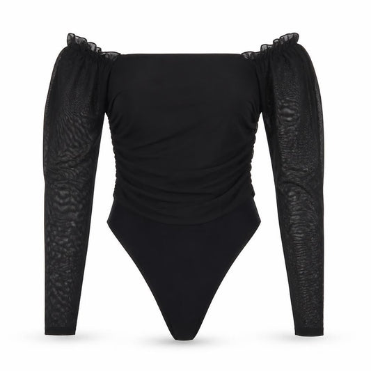 Boohoo Women's Black Off Shoulder Puff Sleeve Bodysuit Size 14