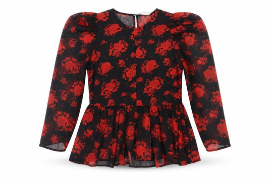 Zara Women Black Red Floral Tunic Blouse Size S Puff Sleeve