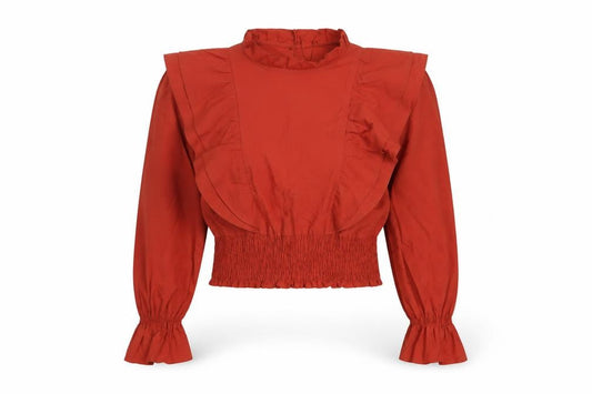 Zara Womens Red Cropped Ruffle Blouse Size S Long Sleeve Cotton