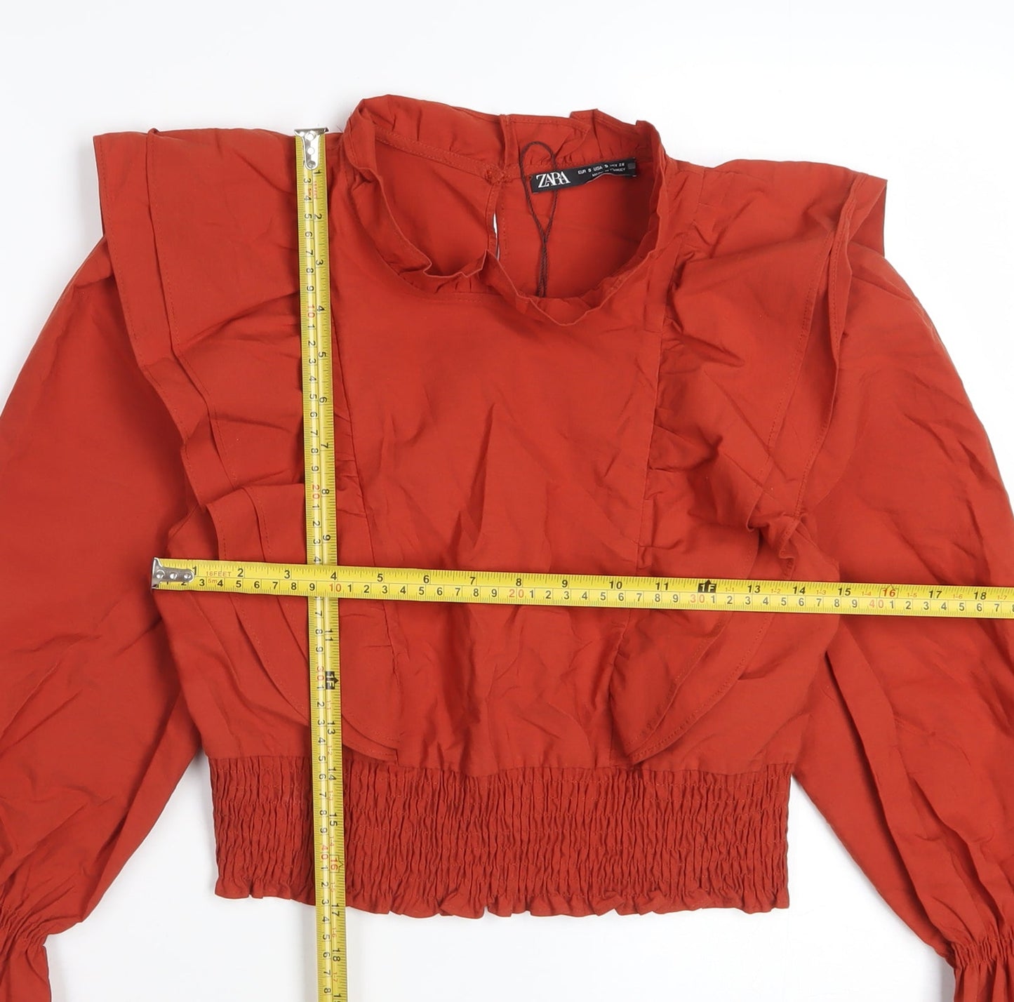 Zara Womens Red Cropped Ruffle Blouse Size S Long Sleeve Cotton