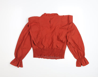 Zara Womens Red Cropped Ruffle Blouse Size S Long Sleeve Cotton