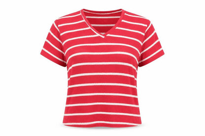 JD Williams Women's Red Striped V-Neck Short Sleeve T-Shirt Size 8