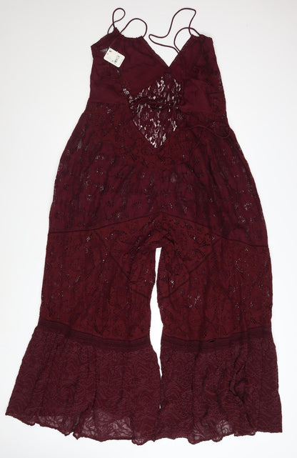 Free People Women's Red Lace Flared Jumpsuit Size M Boho Festival Style