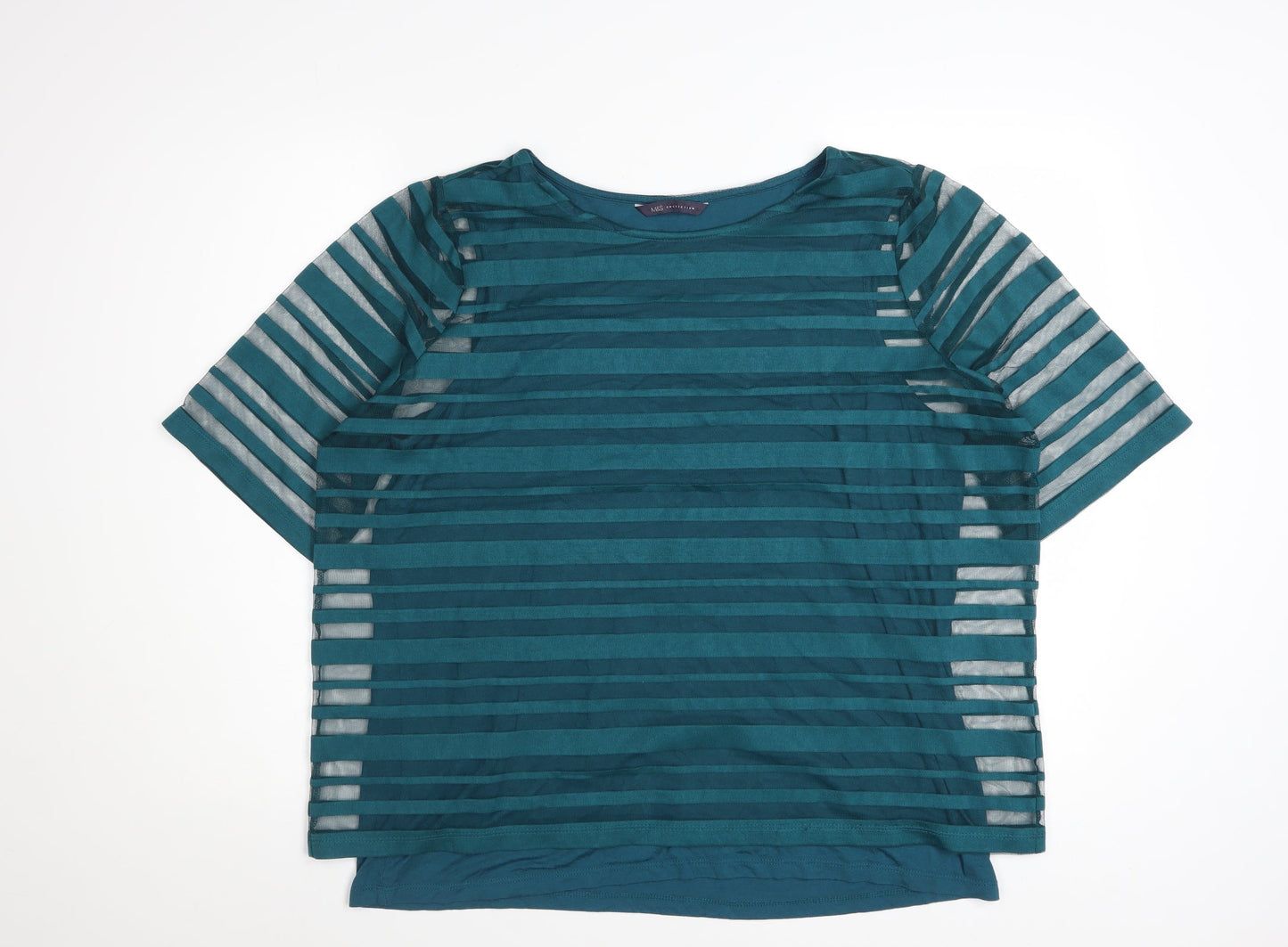 Marks and Spencer Womens Green Striped Mesh Short Sleeve T-Shirt Size 18