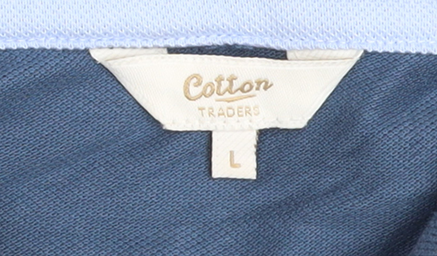 Cotton Traders Men's Steel Blue Long Sleeve Polo Shirt L 100% Cotton