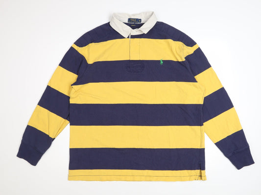 Ralph Lauren Men Yellow Blue Striped Long Sleeve Polo XL Cotton Custom Fit