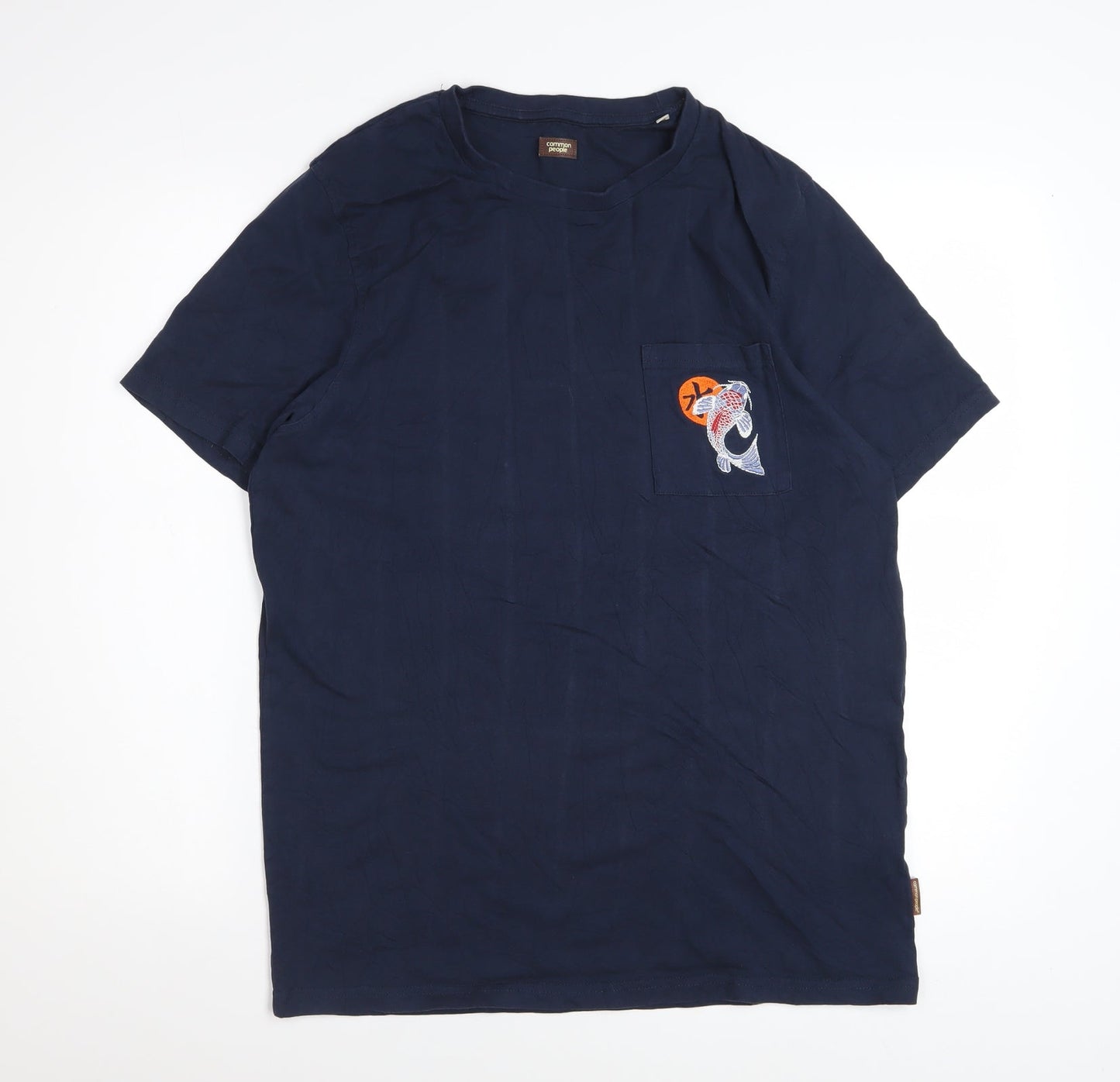Common People Men's Blue Embroidered Fish Pocket Cotton T-Shirt M