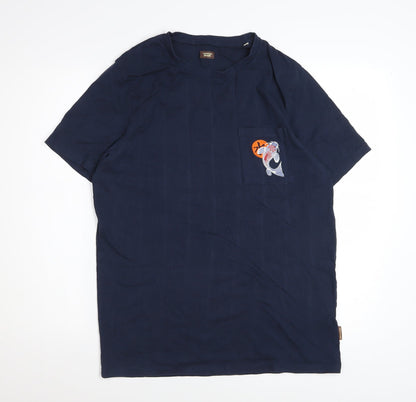 Common People Men's Blue Embroidered Fish Pocket Cotton T-Shirt M