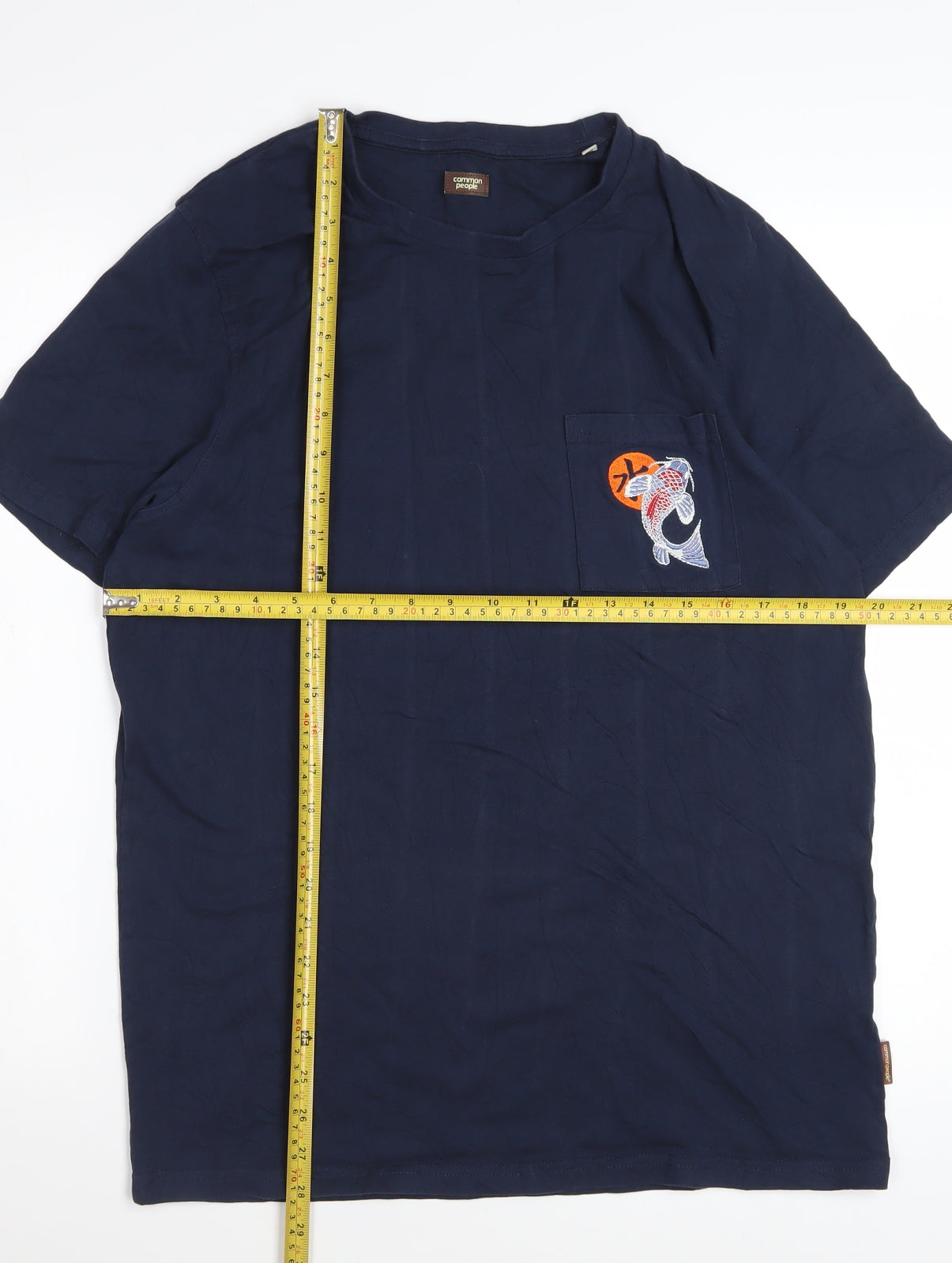 Common People Men's Blue Embroidered Fish Pocket Cotton T-Shirt M