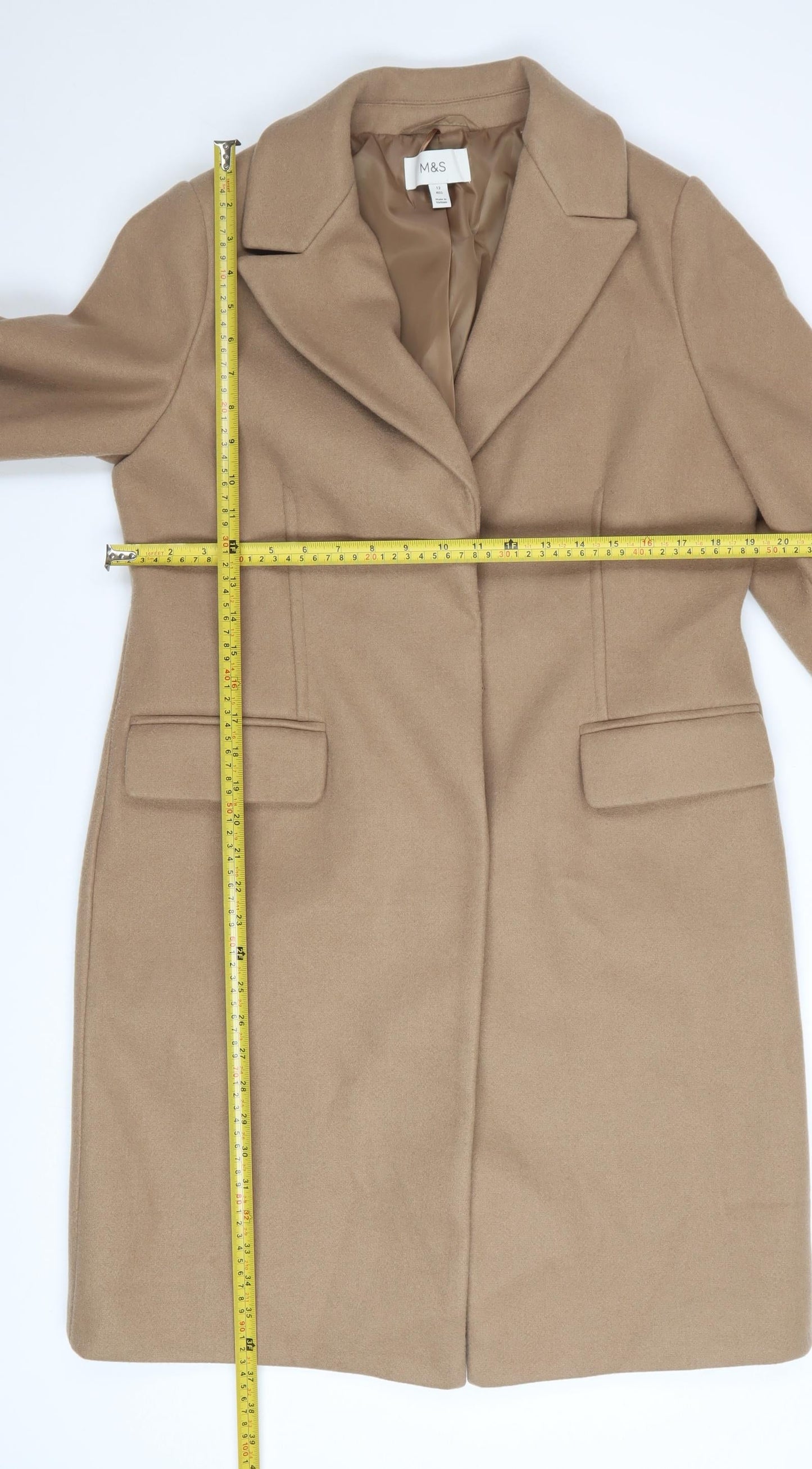 Marks and Spencer Women Beige Size 12 Regular Wool Look Overcoat