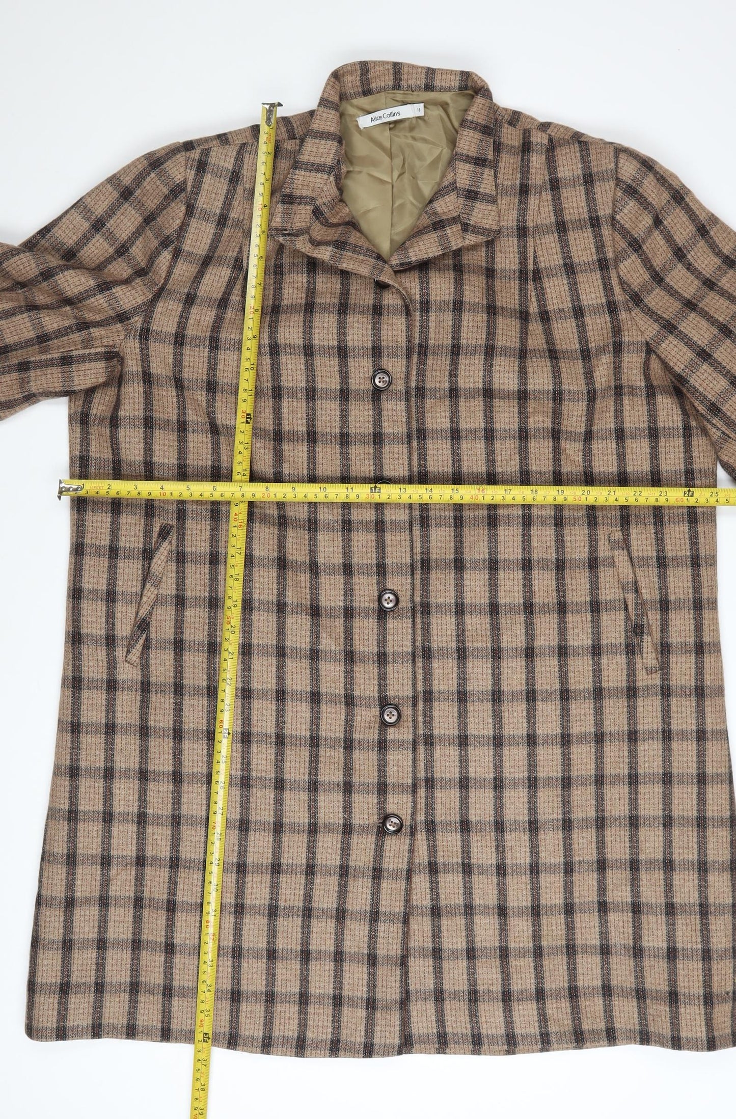 Alice Collins Women's Beige Check Mid-Length Overcoat Size 18