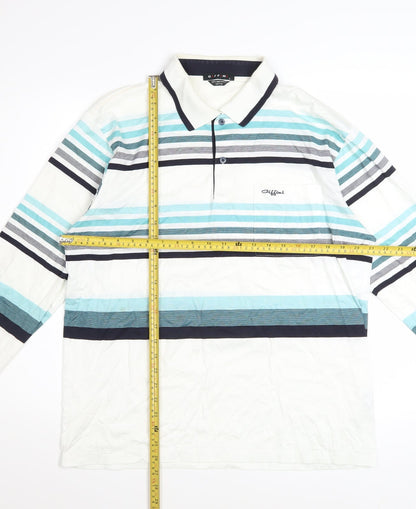Giffini Men’s White Striped Long Sleeve Cotton Polo Shirt Size L