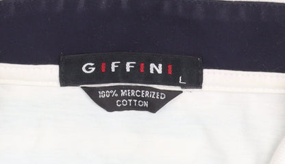 Giffini Men’s White Striped Long Sleeve Cotton Polo Shirt Size L