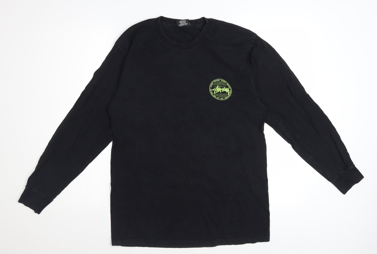 Stussy Men's Black Long Sleeve Graphic Crew Neck Cotton T-Shirt Size M