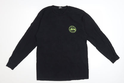 Stussy Men's Black Long Sleeve Graphic Crew Neck Cotton T-Shirt Size M