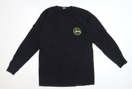 Stussy Men's Black Long Sleeve Graphic Crew Neck Cotton T-Shirt Size M