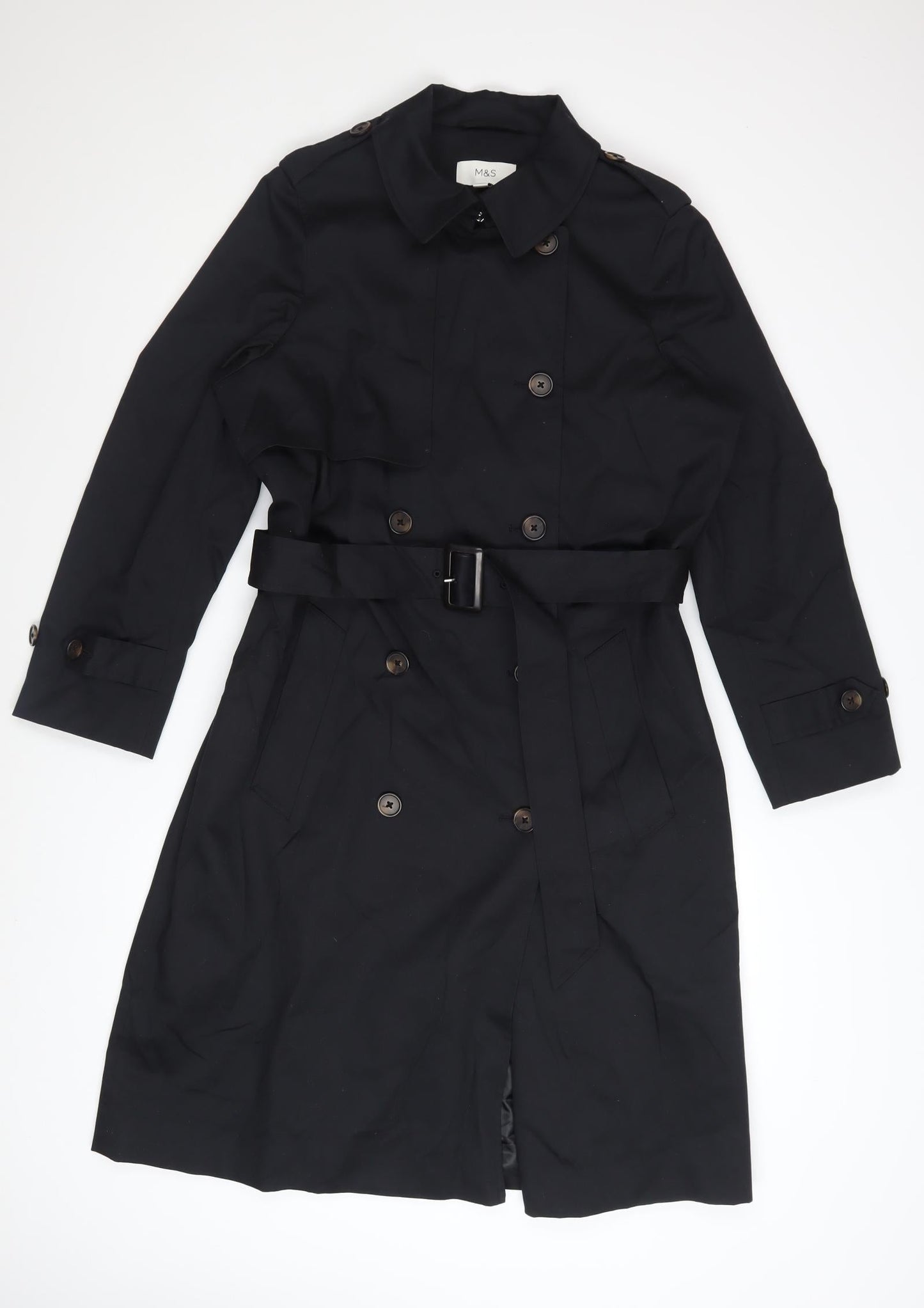 Marks and Spencer Womens Black Petite 14 Trench Coat Belted Mid-Length