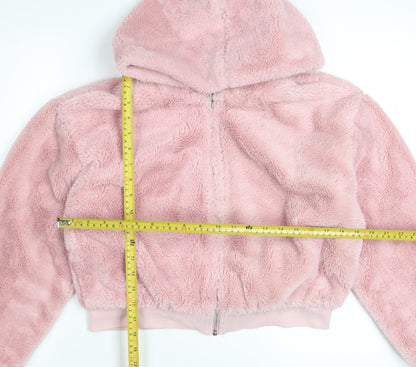 Topshop Women’s Pink Hooded Cropped Fleece Jacket Size S