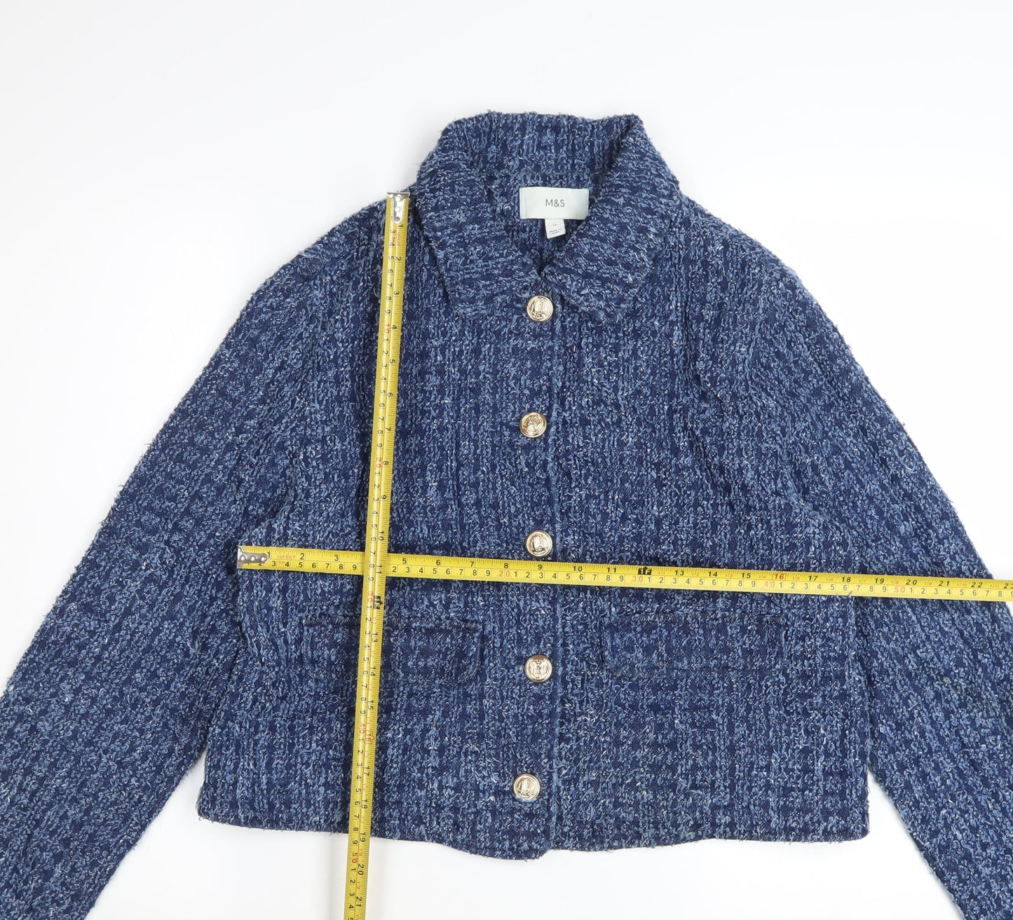 Marks and Spencer Womens Blue Cotton Tweed Cropped Jacket Size 12
